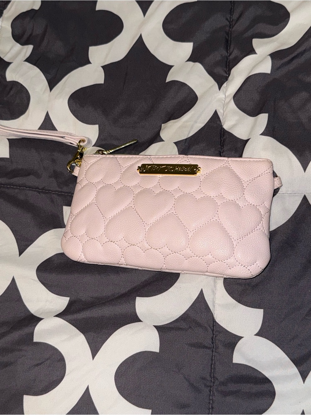 Betsey Johnson blush pink quilted heart wristlet with gold plaque